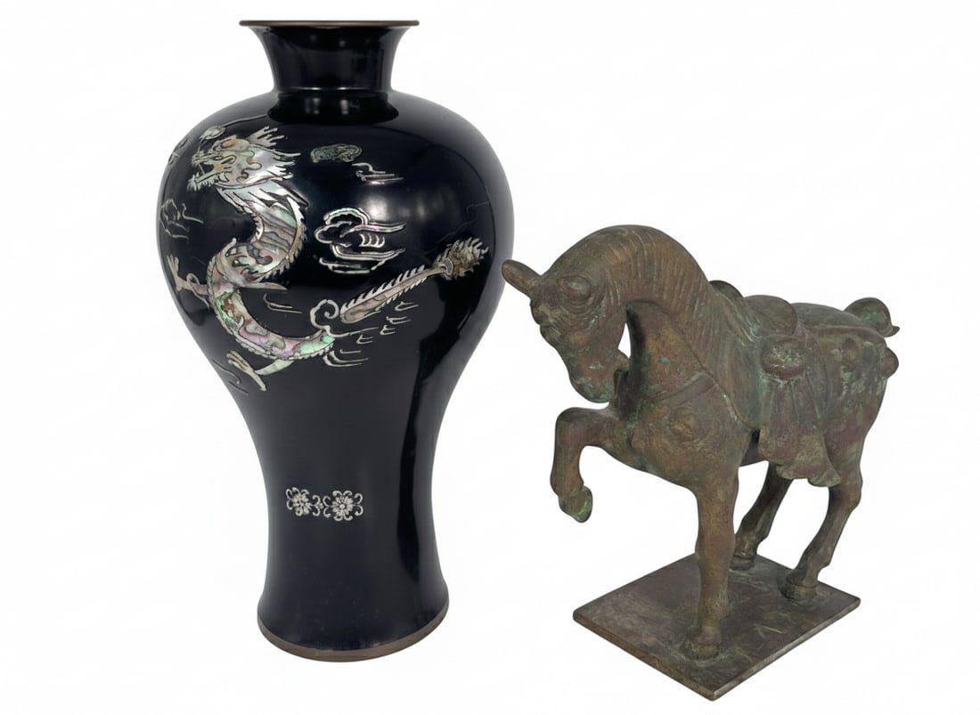Two Asian Decorative Objects: Comprising a mother-of-pearl-inlaid lacquered 'dragon' vase, 12.3/4 in. high, 7 in. wide; and a bronze figure of a horse, 9.1/4 in high, 11.1/2 in. wide.