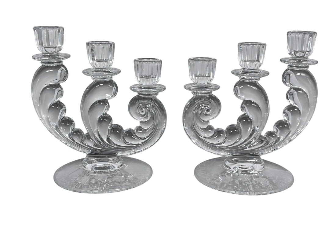 A Pair of Fostoria Plume Three-Light Candle Holders: 7.3/4 in. high, 7 in. wide each.