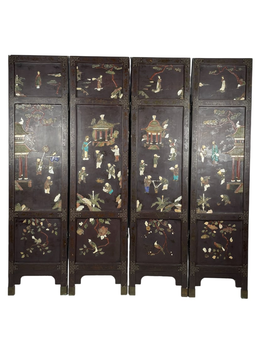 A Chinese Embellished Lacquer Four-Panel Screen, Qianlong Period, Qing Dynasty (1 of 20)