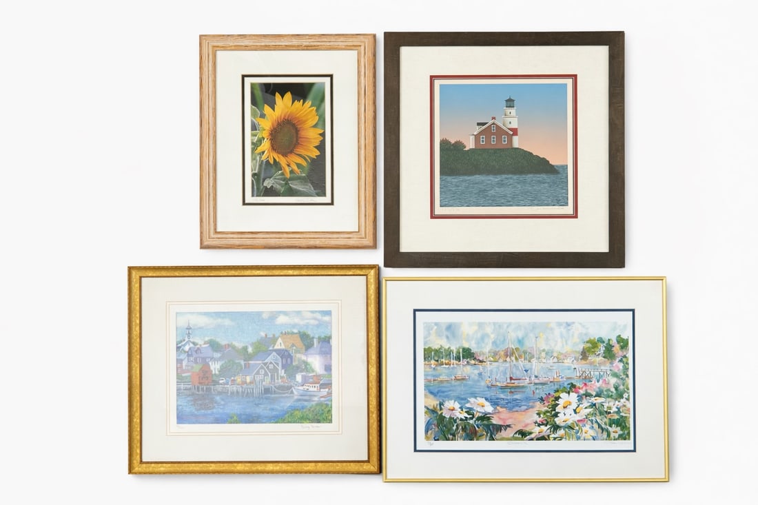 A Group of Four Prints: 20 in. x 19.1/2 in. for the lighthouse, 17.1/2 in. x 14 in. for the flower; 19 in. x 16 in. for the rivertown; and 21.1/4 in. x 15 in. for the boats.