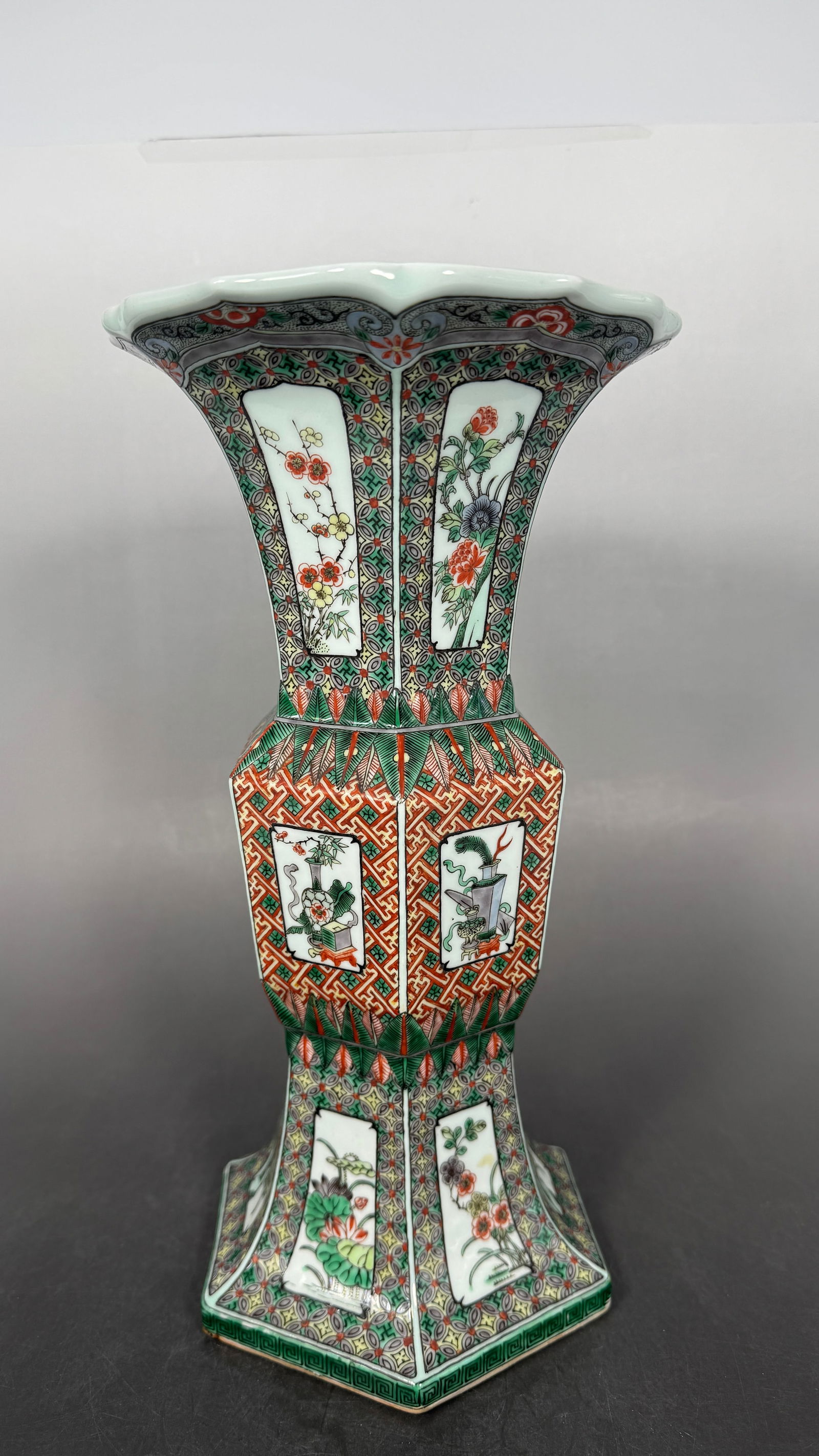 A Chinese Famille Verte Porcelain Vase, Gu: 13 in. high, 7 in. wide.