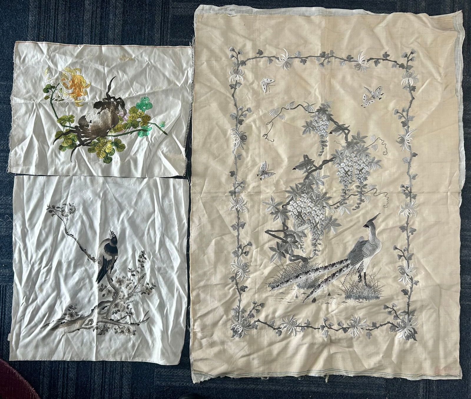 A Group of Three Chinese Silk Embroidery Panels (1 of 8)