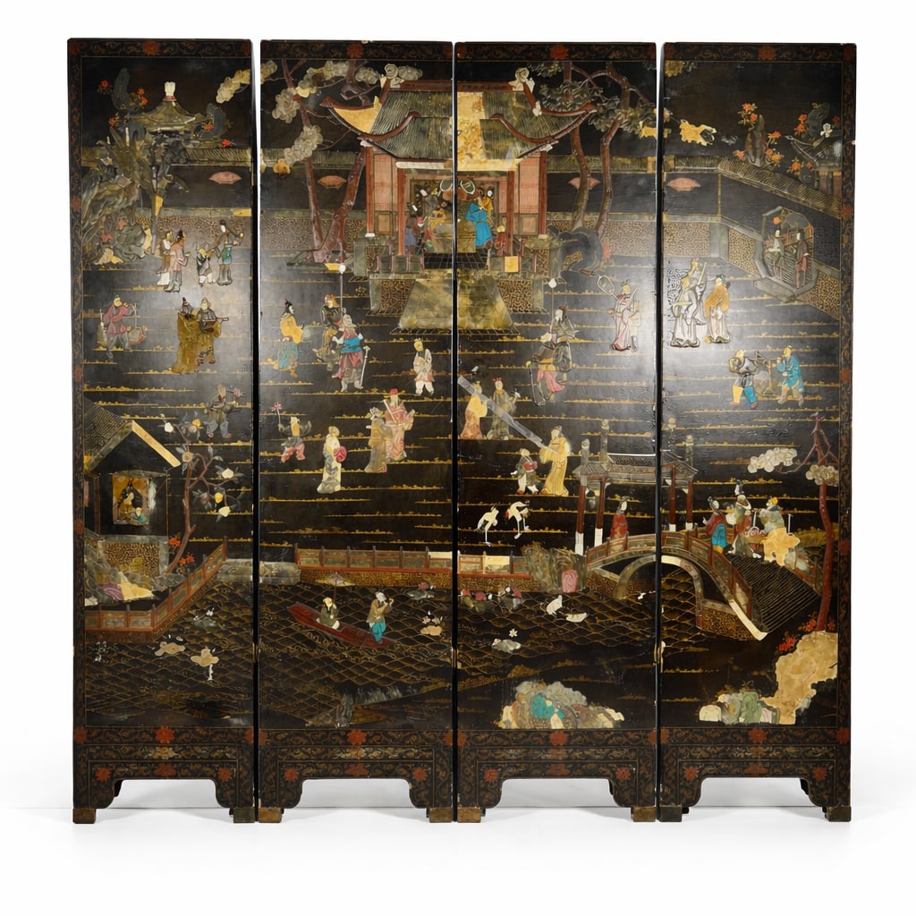 A Chinese Black Lacquer Four-Panel Folding Floor Screen (1 of 20)