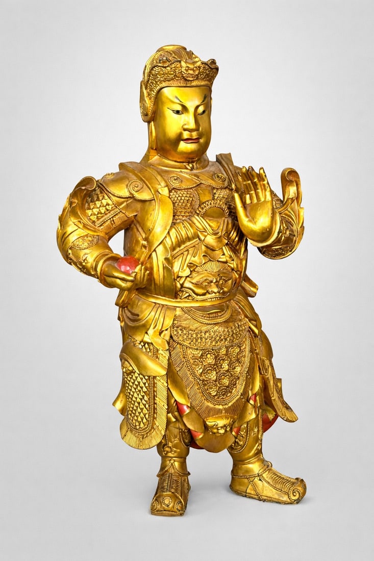 A Chinese Carved Gilt-Wood Figure of Buddhist Guardian, Weituo (1 of 16)
