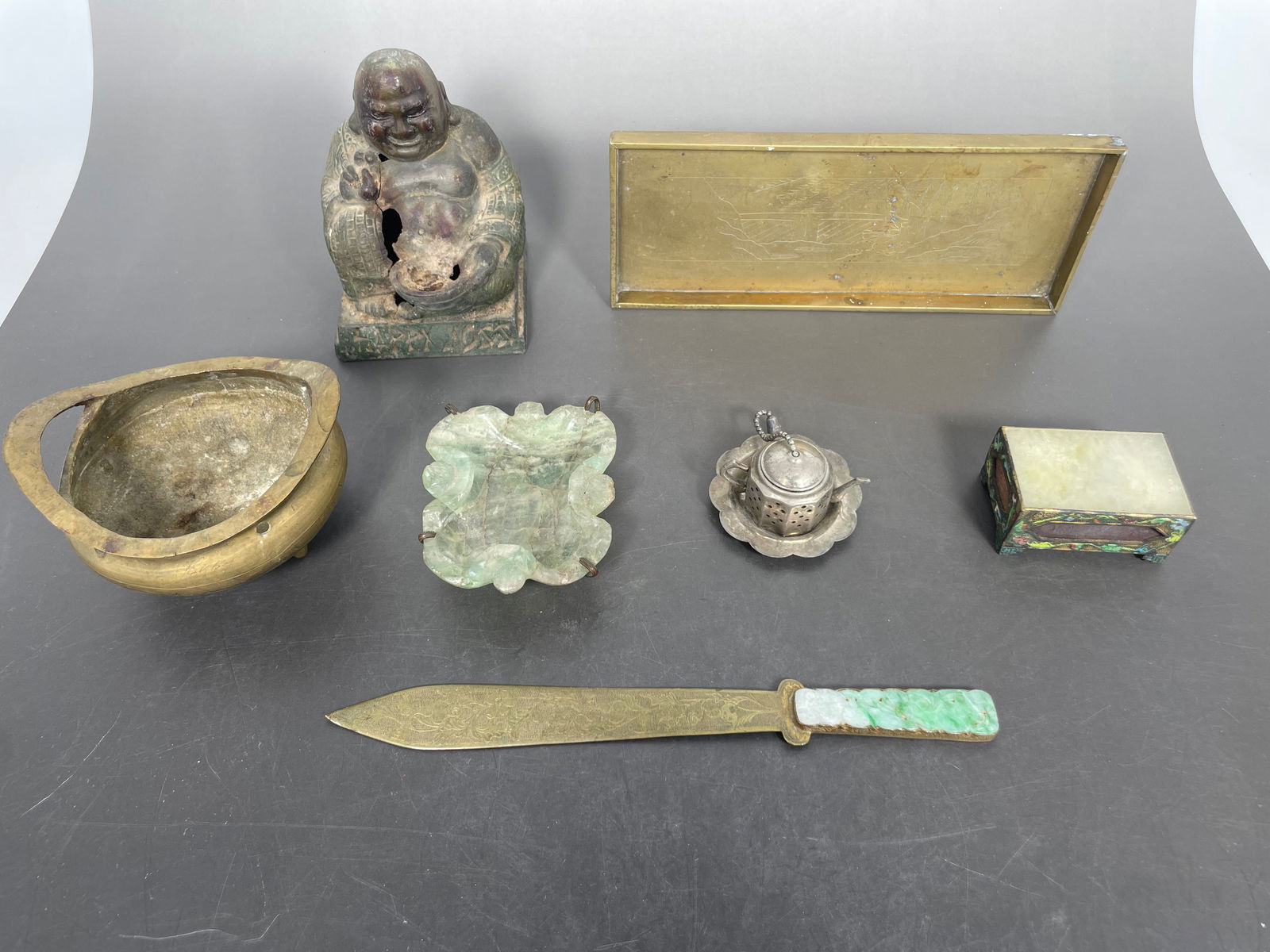 A Group of Seven Chinese Bronze, Brass, and Jadeite Objects (1 of 17)