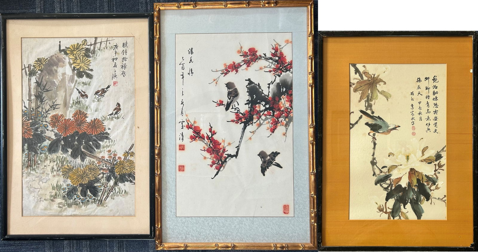 A Group of Three Chinese Paintings of Birds and Flowers (1 of 16)