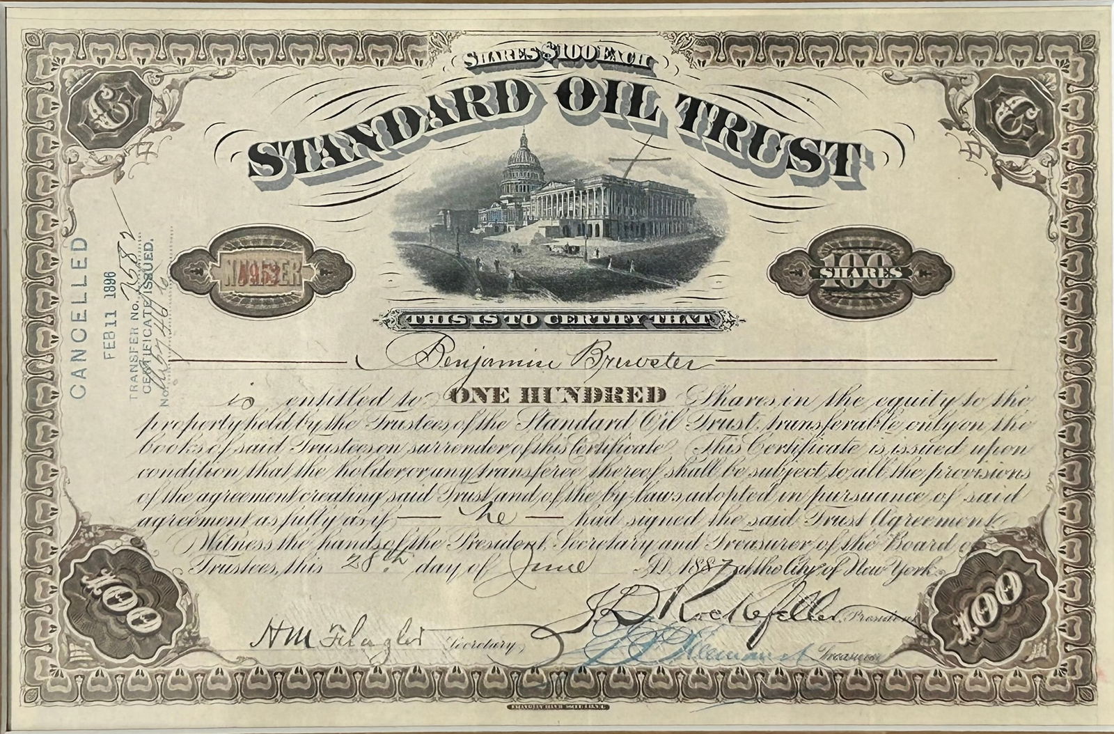 A Cancelled 100-share Certificate for the Standard Oil Trust (1 of 6)