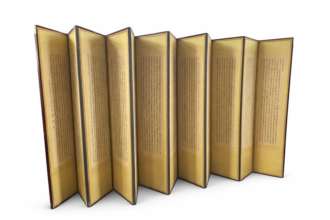 A Korean Twelve-Panel Screen Featuring Calligraphy of Vajracchedika Prajnaparamita Sutra: Signature of the artist and date to after the calligraphy, 71 in. x 17.1/2 in. each panel.