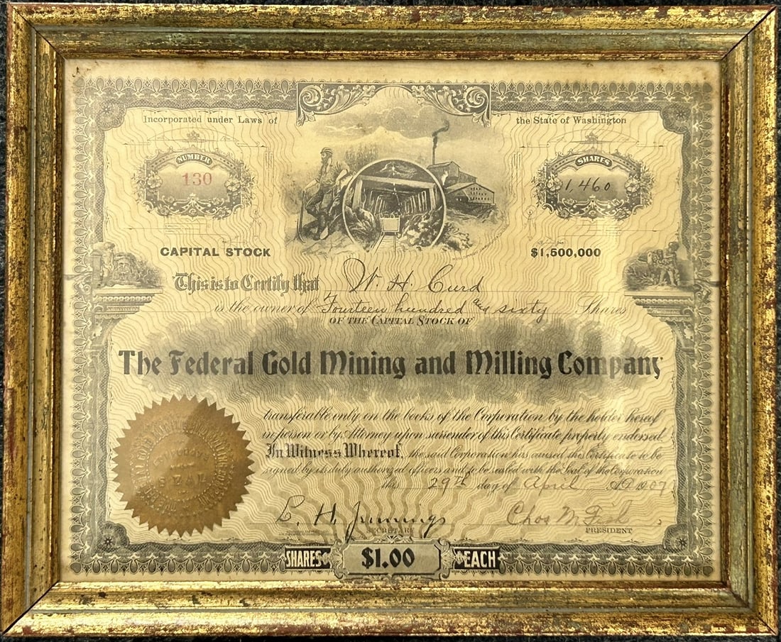 A Vintage Stock Certificate for the Federal Gold Mining and Milling Company, Issued in April 1907: Framed, 11 in. x 9 in. overall.