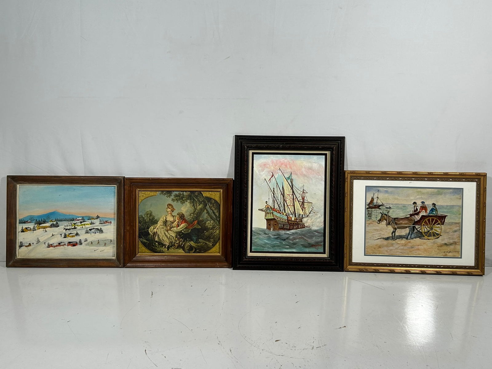 A Group of Four Paintings/Prints: Comprising a painting 'central park', oil on canvas, 25 in. x 21 in. overall including the frame; a painting of cabin amont the mountain, oil on board, 26.1/2 in. x 21 in. overall including the