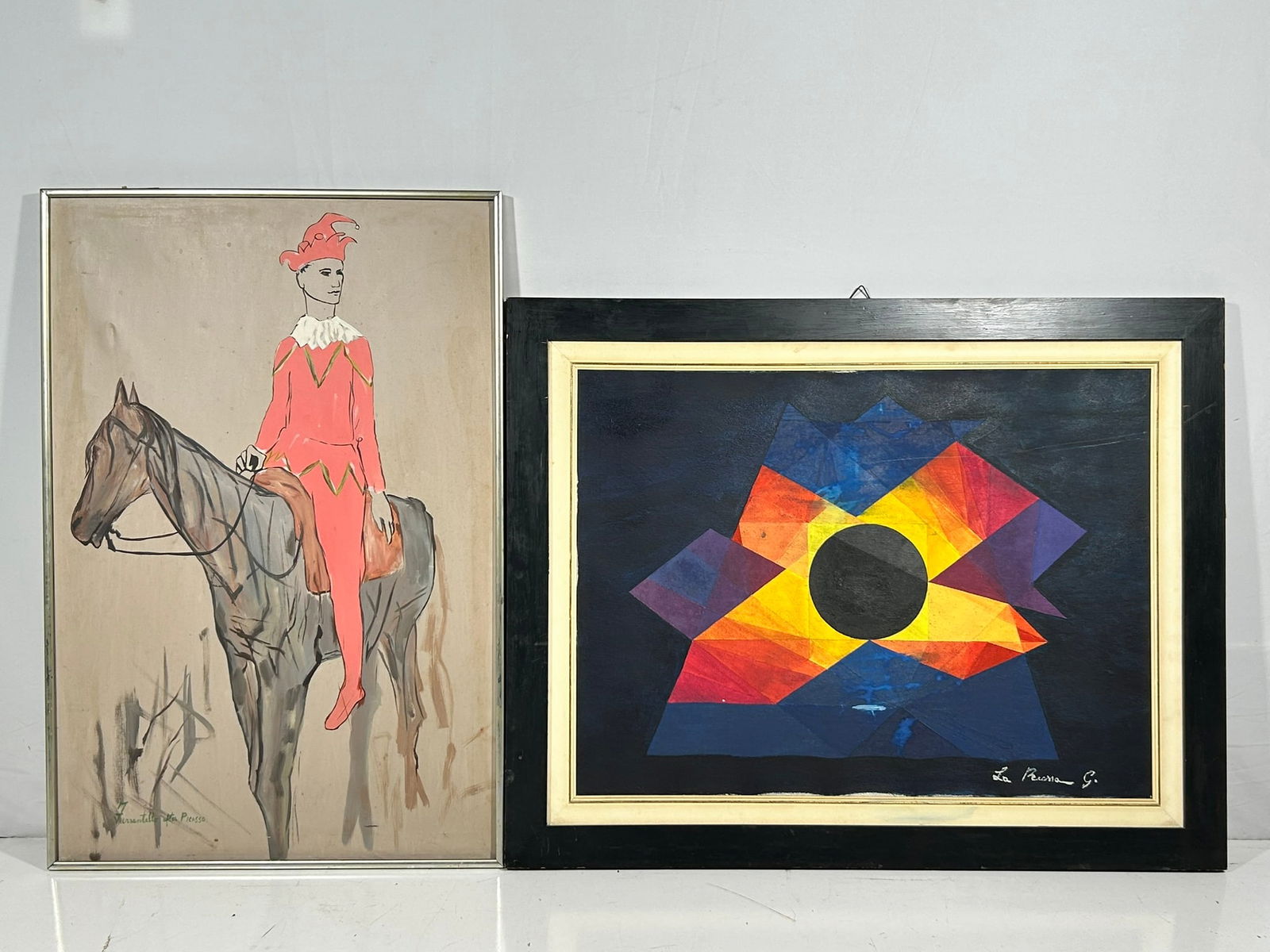 Two Paintings, Ferrantelli and La Russa Giovanni: Comprising a painting 'Harlequin on Horseback', with a signature Ferrantelli after Picasso, 36.1/2 in. x 24.1/2 in. overall including the frame; and a geometric abstract painting 'eclisse', La Russa