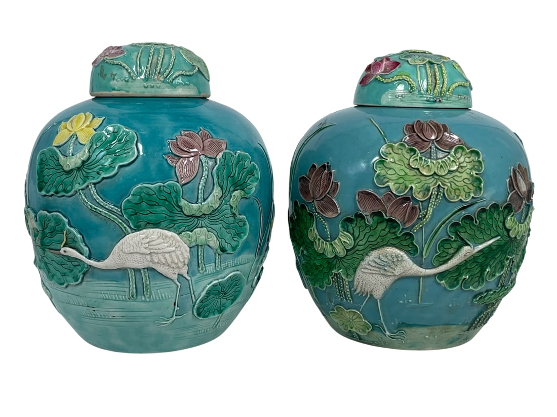 A Pair of Chinese Fahua-Style 'Crane and Lotus Pond' Porcelain Jars and Covers, Wang Bingrong Marks: Wang Bingrong marks to both bottoms. 10 in. high, 8 in. wide each.