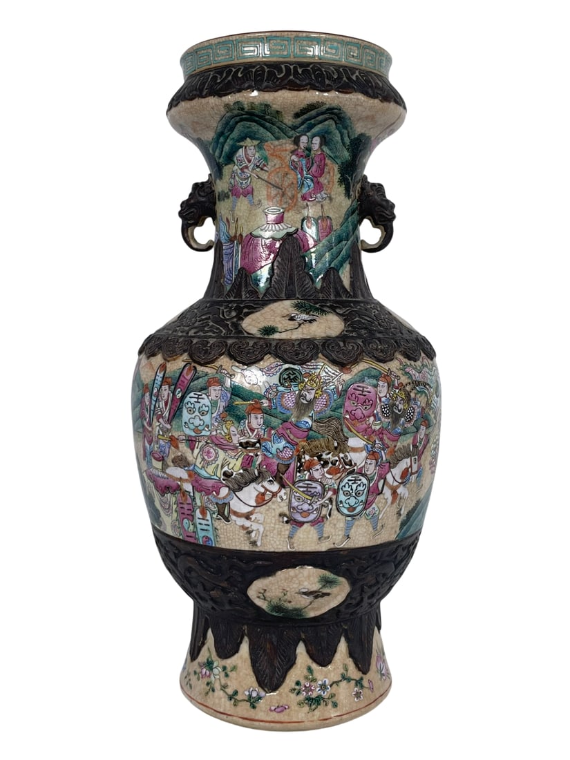 A Chinese Famille Rose Crackle-Glazed 'Warrior' Porcelain Vase, Qing Dynasty: 18 in. high, 8.1/2 in. wide.
