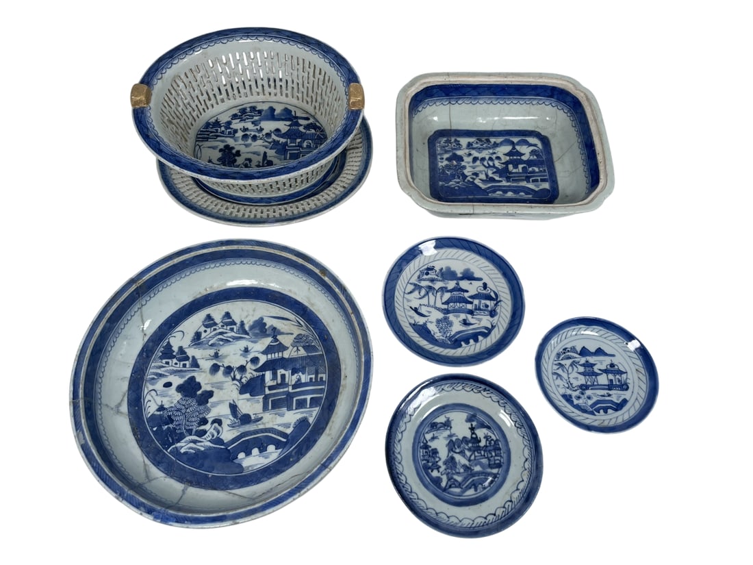 A Group of Six Chinese Blue and White Porcelain Ware: Comprising a set of reticulated basket and underplate, the basket measures 3.5/8 in. high, 9.1/2 in. wide, the underplate measures 10 in. long, 8.5/8 in. wide; a shallow circular bowl, 2 in. high, 10.