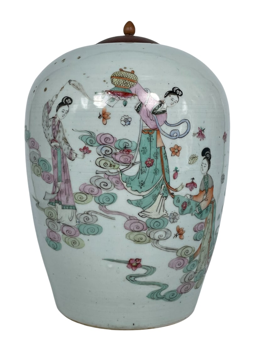 A Chinese Inscribed Famille Rose 'Lady' Porcelain Jar and Wood Cover: Signature of the maker after inscription. 12 in. high, 8.1/4 in. wide.