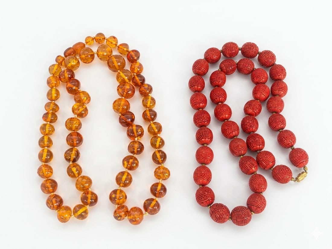 Two Chinese Beaded Necklaces: Comprising a amber beaded necklace, 31 in. long overall; and a red-lacquer beaded necklace, 25.1/2 in. long overall.