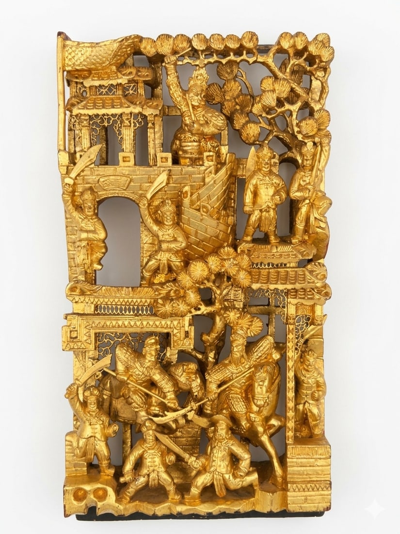 A Chinese Carved Gilt-Wood 'Warriors' Panel: 13.1/2 in. high, 6.1/2 in. wide, 2 in. deep.