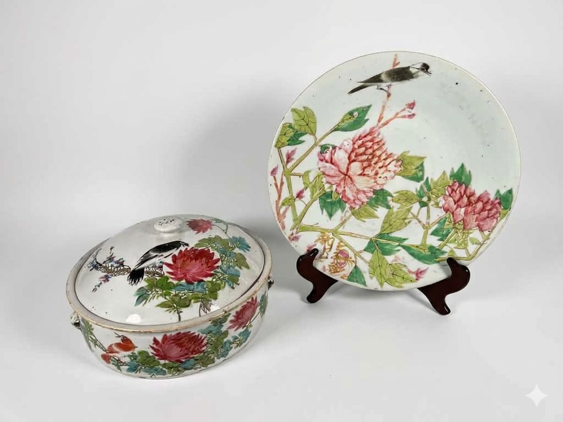Two Chinese Famille Rose 'Bird and Flower' Porcelain Ware: Comprising a bowl and cover, Late Qing Dynasty, 6.1/2 in. high, 11.1/4 in. wide; and a large dish, 13.5 in. diam.