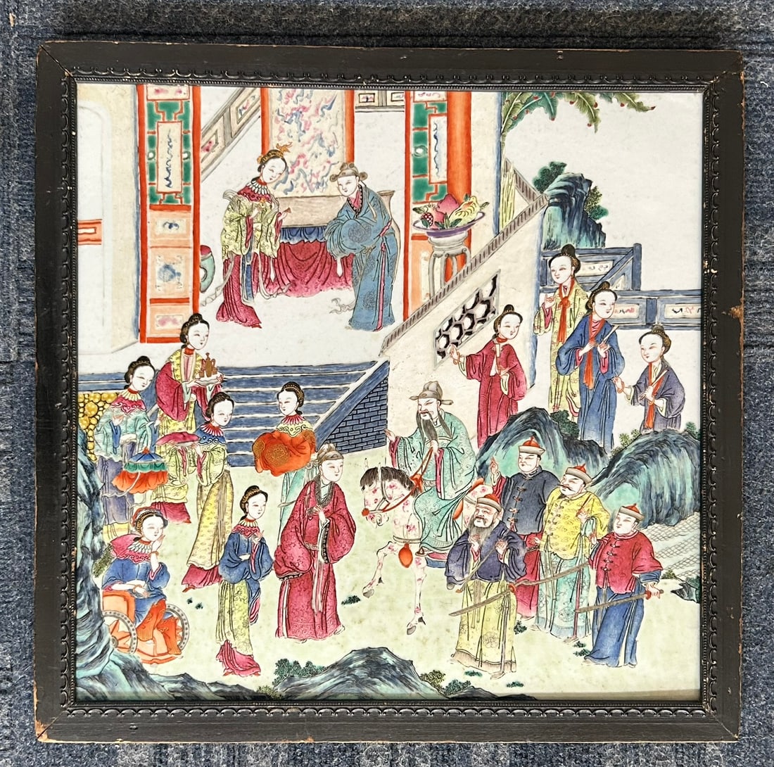 A Chinese Famille Rose 'Figural' Porcelain Plaque: Framed, 16.1/2 in. square overall including the frame.