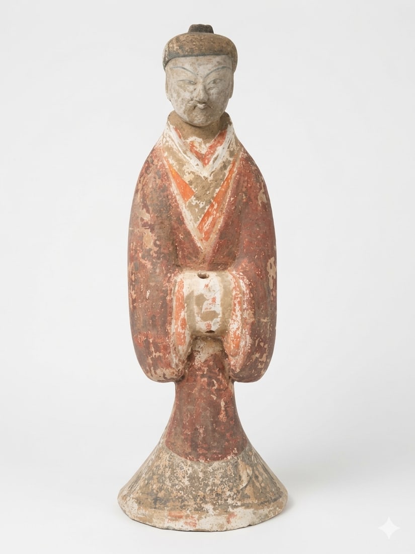 Bonhams Skinner Provenance: A Chinese Painted Pottery Figure of an Attendant, Han Dynasty: 29.1/4 in. high, 11 in. wide. Provenance: Bonhams Skinner Boston, 21 October 2006, lot 205.