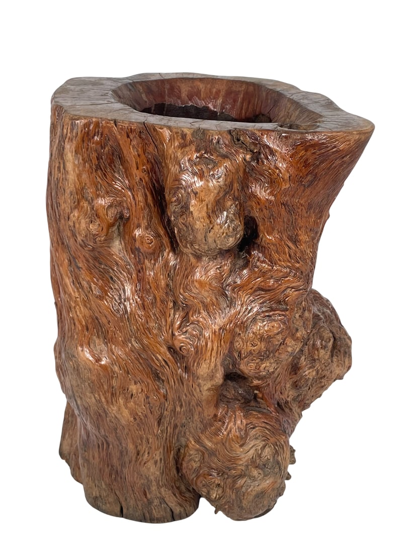 A Wooden Burl Brush Pot: 14 in. high, 10.1/2 in. wide.