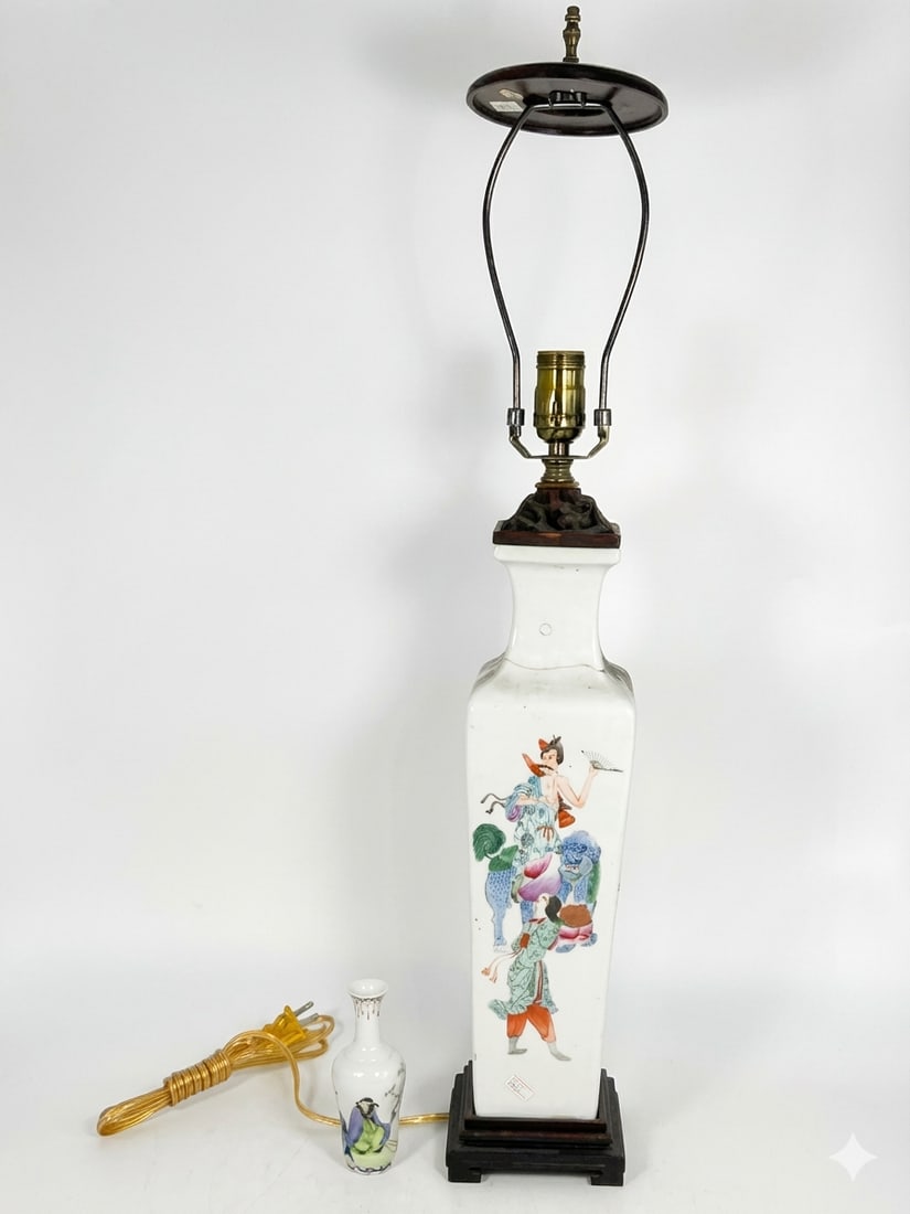 Two Chinese Famille Rose 'Figural' Vases: The larger square vase is mounted as lamp, 15.1/2 in. high, 4.3/8 in. square; the small famille rose vase measures 5 in. high, 2 in. wide.