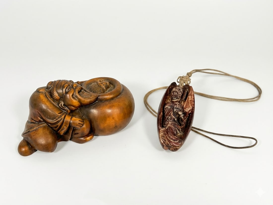 Two Chinese Bamboo Carvings: Comprising a carving of an elder and jar, 2 in. high, 3.3/4 in. wide; and a carving of a court lady, 2.5/8 in. high, 1.1/8 in. wide.