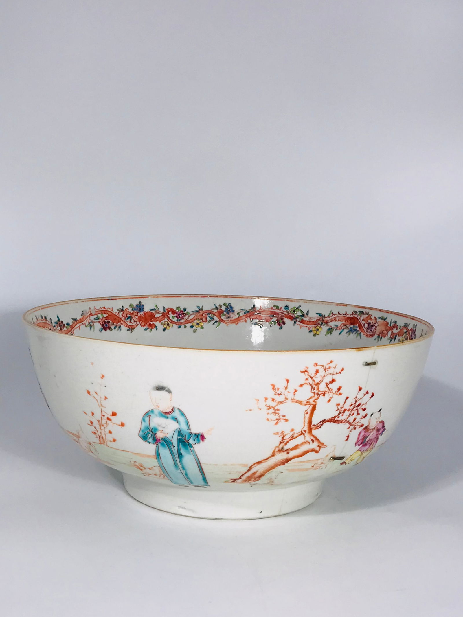 A Chinese Large Export Famille Rose 'Figural' Porcelain Bowl, 18th Century: The height is 4.5 inches, and the diameter is 11 inches. Property of a Collector in Texas.