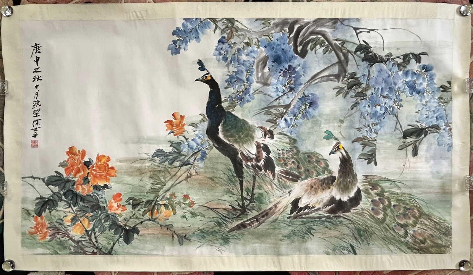 A Chinese Painting of Birds and Flower, a Signature Xu Shiping: Ink and color on paper. A signature Xu Shiping and a seal to the left side. Xu Shiping was born in Shanghai in 1952 and began studying art under his father, Xu Boqing (1926?2010), a highly respected c