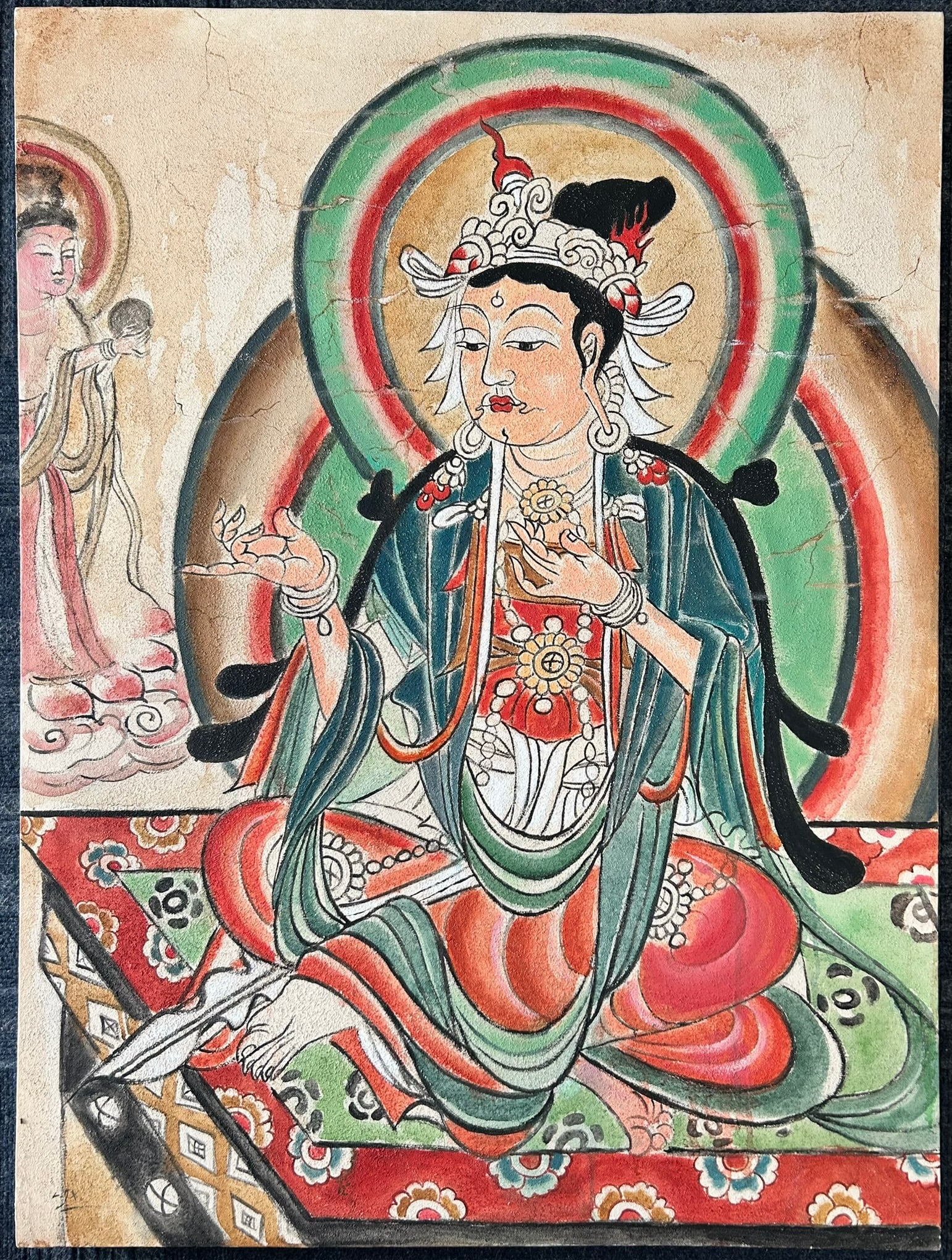 A Chinese Painting of Manjushri Bodhisattva, Liu Jianxia: Oil on canvas, a signature of the artist to the bottom left. Liu Jianxia is from Henan, China, and primarily creates paintings with Buddhist themes. In 2011, she received the honorary title of ?Ambass