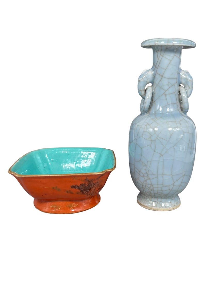 Two Chinese Porcelain Ware: Comprising a sky-blue-crackle-glazed vase, 9.1/2 in. high, 3.3/4 in. wide; and a gilt-decorated coral and turquoise-glazed bowl, 2.3/4 in. high, 6 in. square.