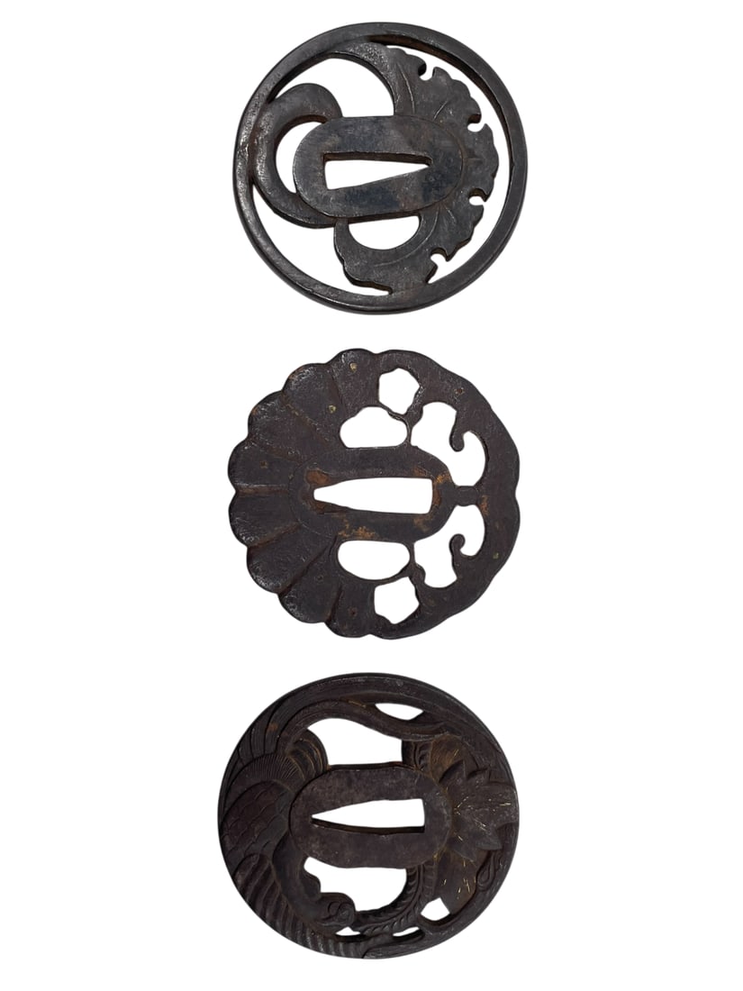 A Group of Three Japanese Samurai Sword Guard, Tsuba: 2.3/4 in. long, 2.5/8 in. wide for all three approximately.