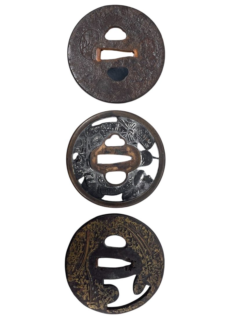 A Group of Three Japanese Samurai Sword Guard, Tsuba, Two with Maker's Marks: Two with maker's mark on one side each. 3.1/8 in. diam. each approximately.