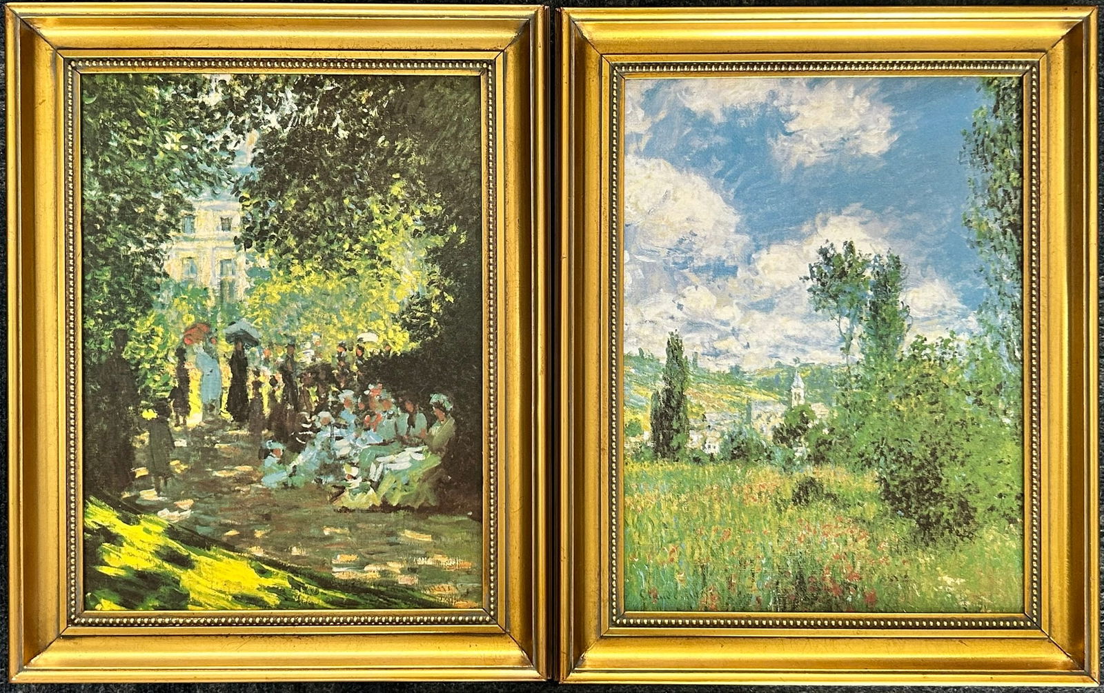 Two Prints of Claude Monet's Works, 'The Parc Monceau' and 'View of Vetheuil': Prints on canvas, 19.1/2 in. x 15.1/2 in. each overall including the frame.