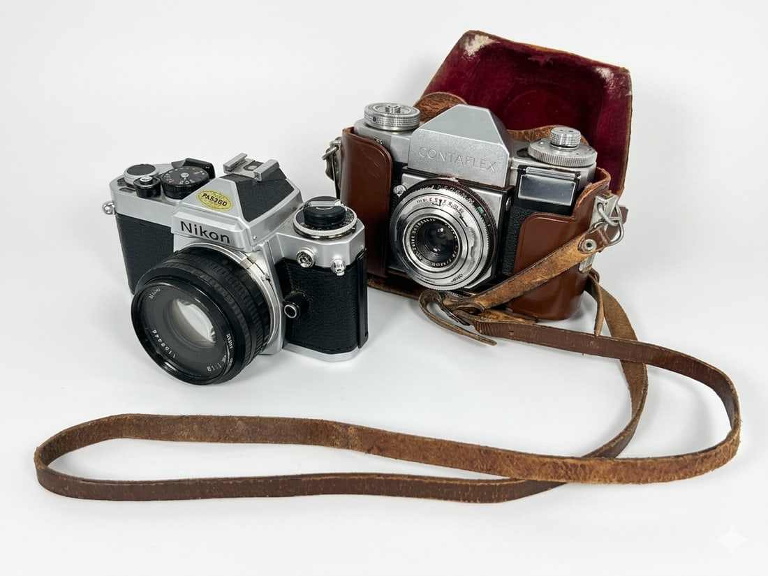 Two Vintage Cameras, Nikon and Contaflex: Comprising a Nikon FE 35mm Film Camera w/ 50mm f1.8 Lens, 3.1/2 in. high, 5.1/2 in. wide; a Zeiss Ikon Contaflex with a fixed Carl Zeiss Tessar 45 mm f/2.8 lens, with the leather carrying case, 4.1/2