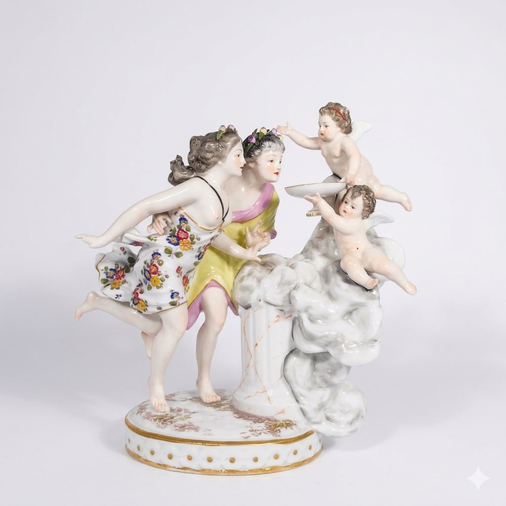A French Samson Porcelain Figural Group: Marked on the bottom. The height and the width are both 8.5 inches each. Property of a Collector in Texas.