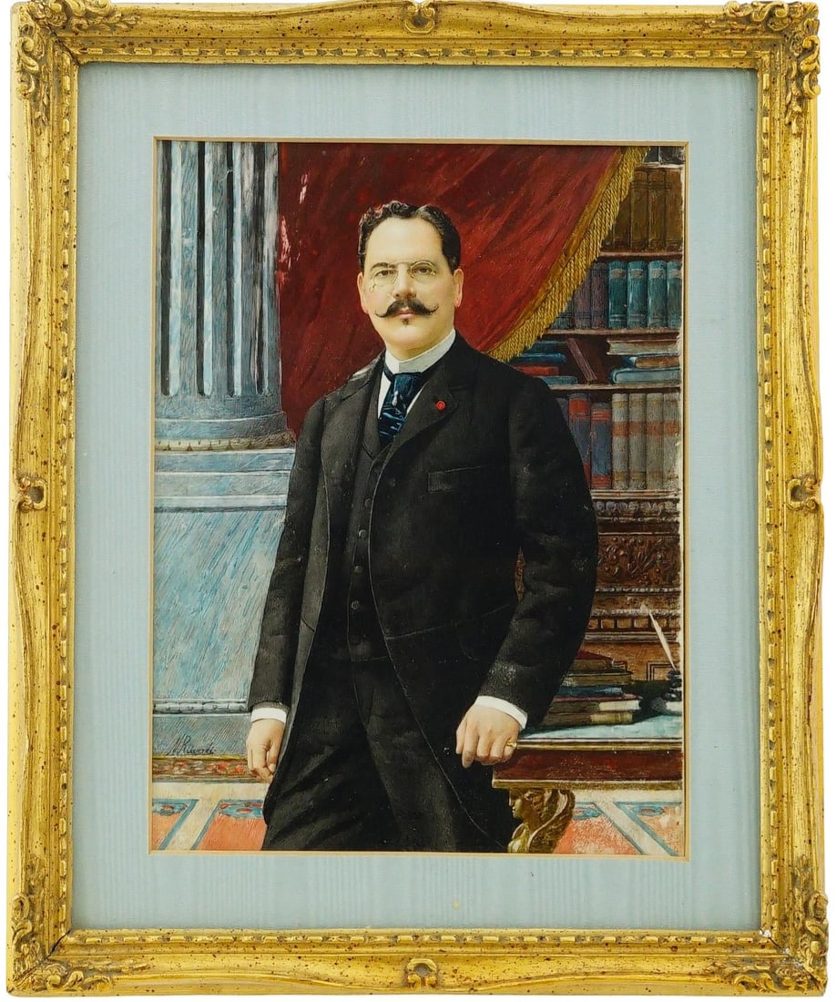 A Portrait of a Gentleman, N.Riccardi: Oil on celluloid, 7.7/8 in. x 4.1/4 in. (sight), 11 in. x 9 in. (frame).