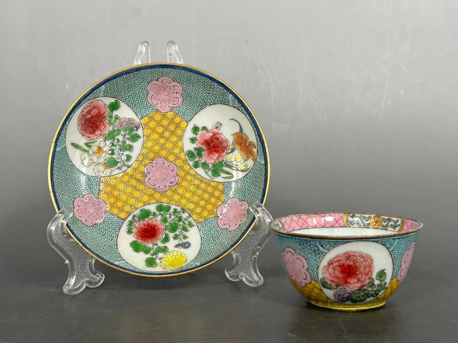 A Set of Chinese Famille Rose 'Medallion' Porcelain Tea Cup and Saucer (1 of 13)
