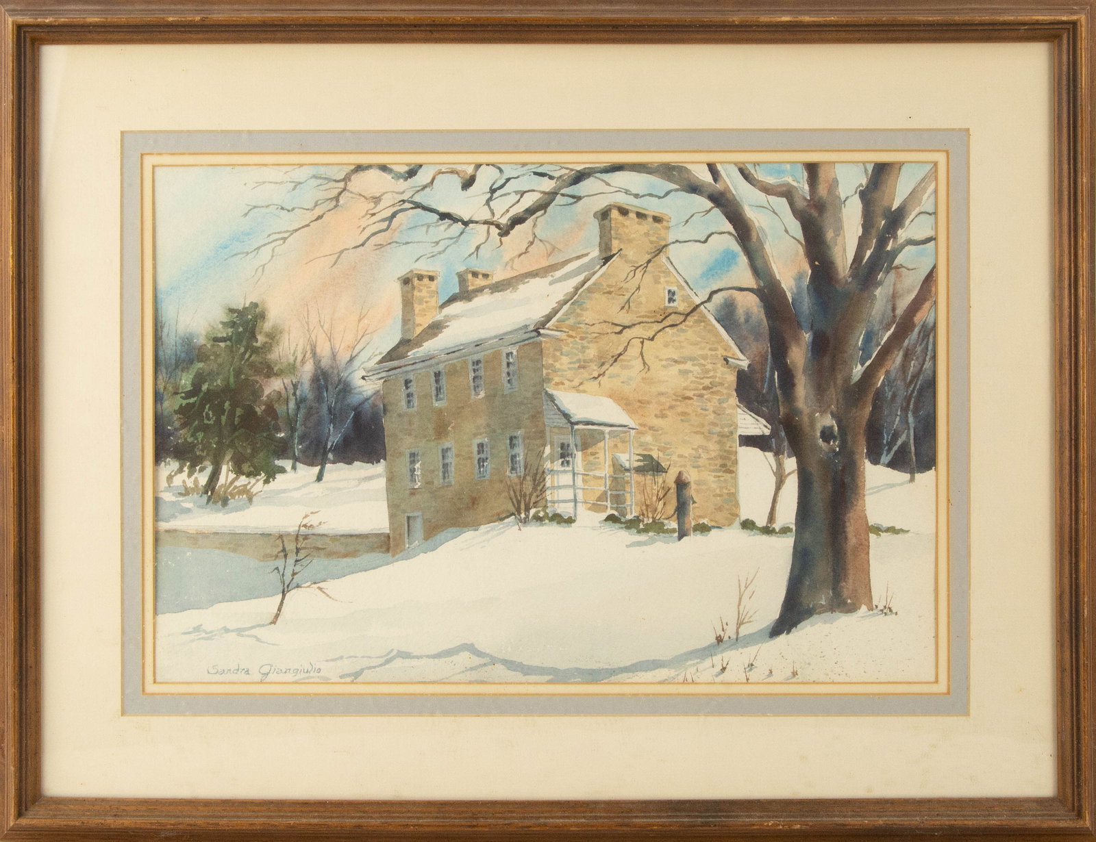 A Signature Sandra Giangiulio (American, 20th Century) Landscape Watercolor "Winter at the Stone: Title:Winter at the Stone HouseMedium: WatercolorPainting Size: 12 x 18 inchesFrame Size: 19.5 x 25.5 inchesCondition: This artwork is in good condition for its age.Artist: Sandra Giangiulio