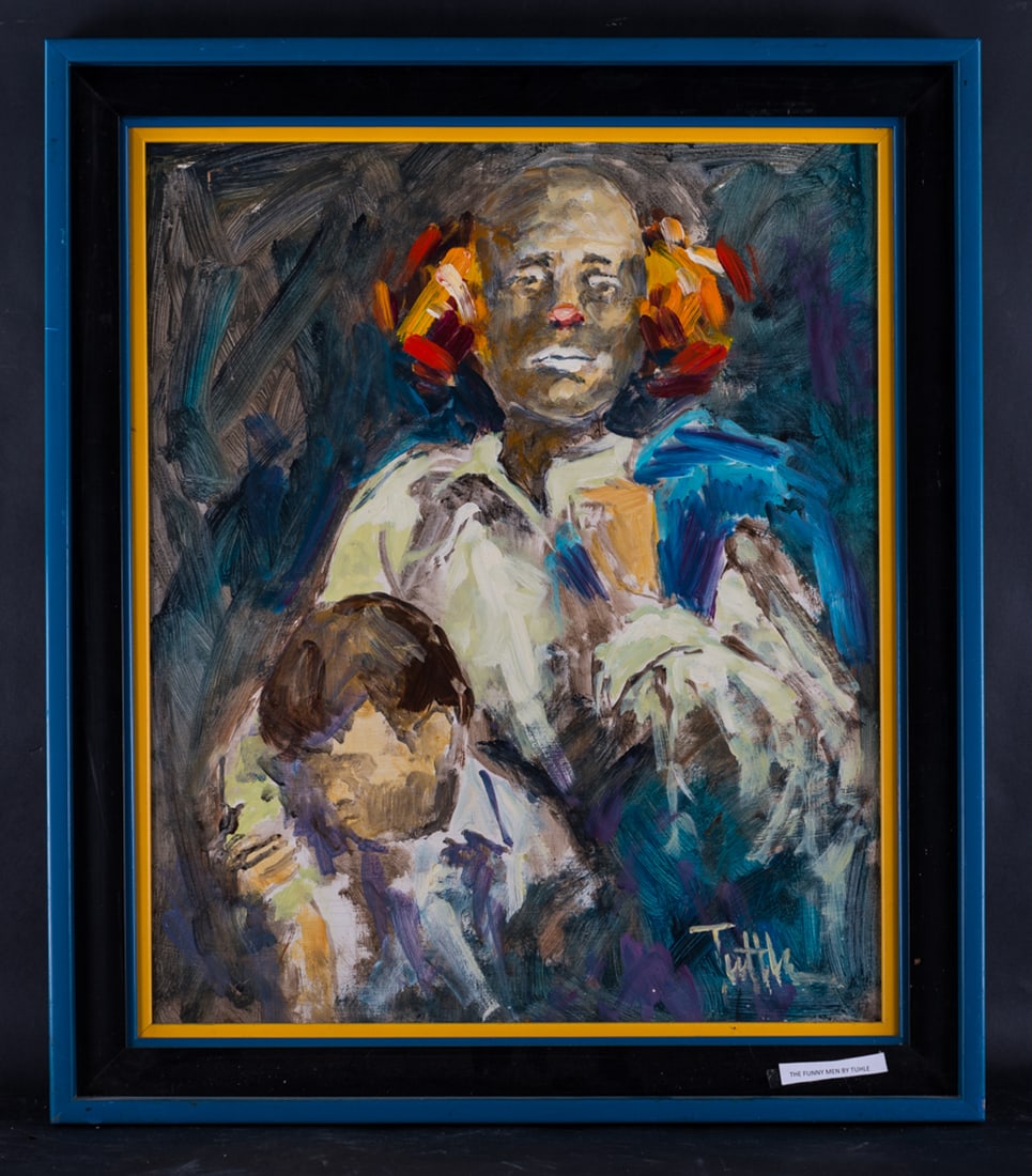 A Signature Tuttle (American, 20th C.) Pop Art Original Oil "Portrait Of Clowns" Signed With COA: Title: The Funny MenMedium: Oil on BoardStyle: ModernistSize: 24" x 20" inchesFrame Size: 29" x 25" inchesCondition: This artwork is in good condition for its age.Artist: Tuttle (American, 20th