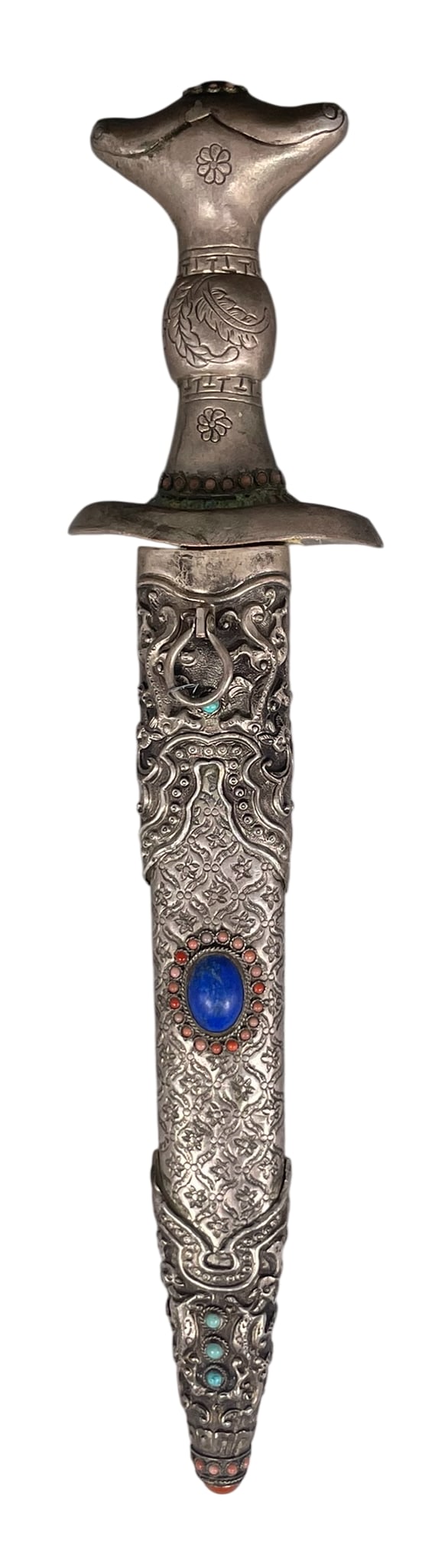 A Tibetan Gem-Inset Silver Decorated Dagger: 14 in. long, 3 in. wide.