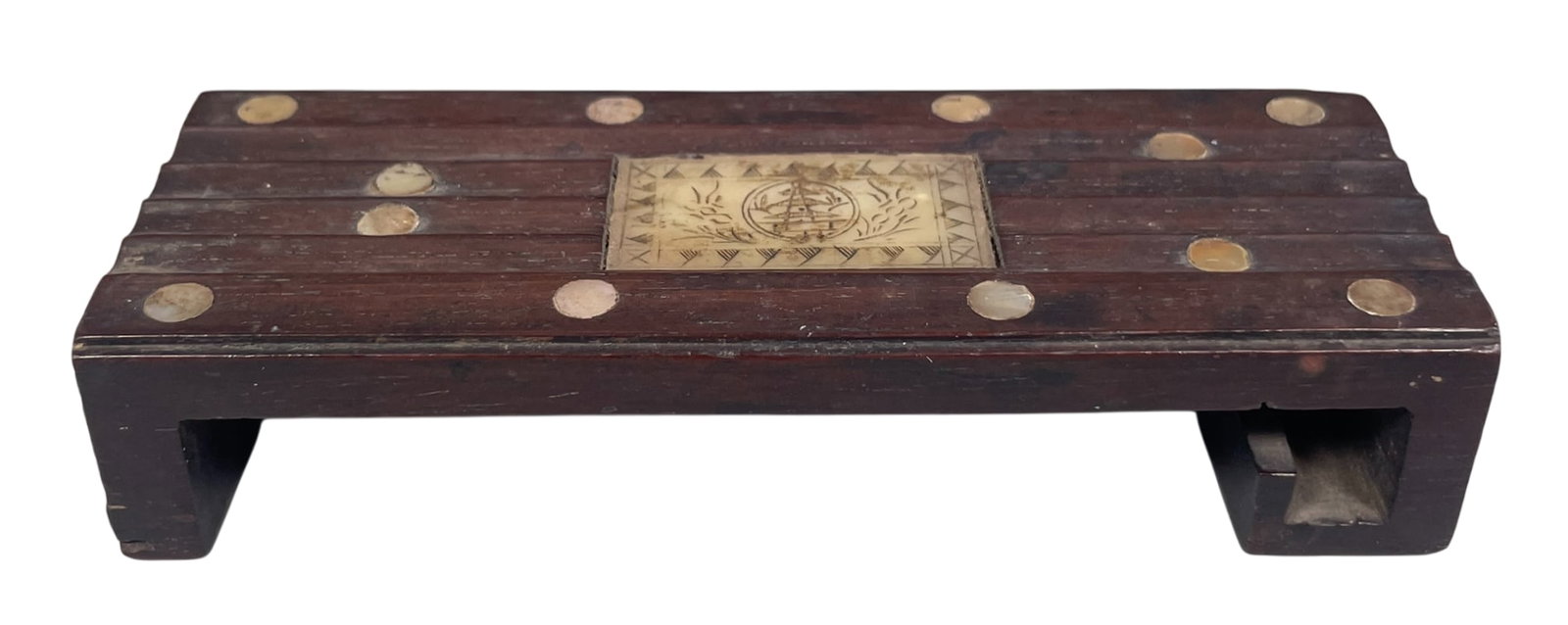 A Chinese Small Mother-of-Pearl Inset Hongmu Brush Rest: 7/8 in. high, 4.1/8 in. wide.