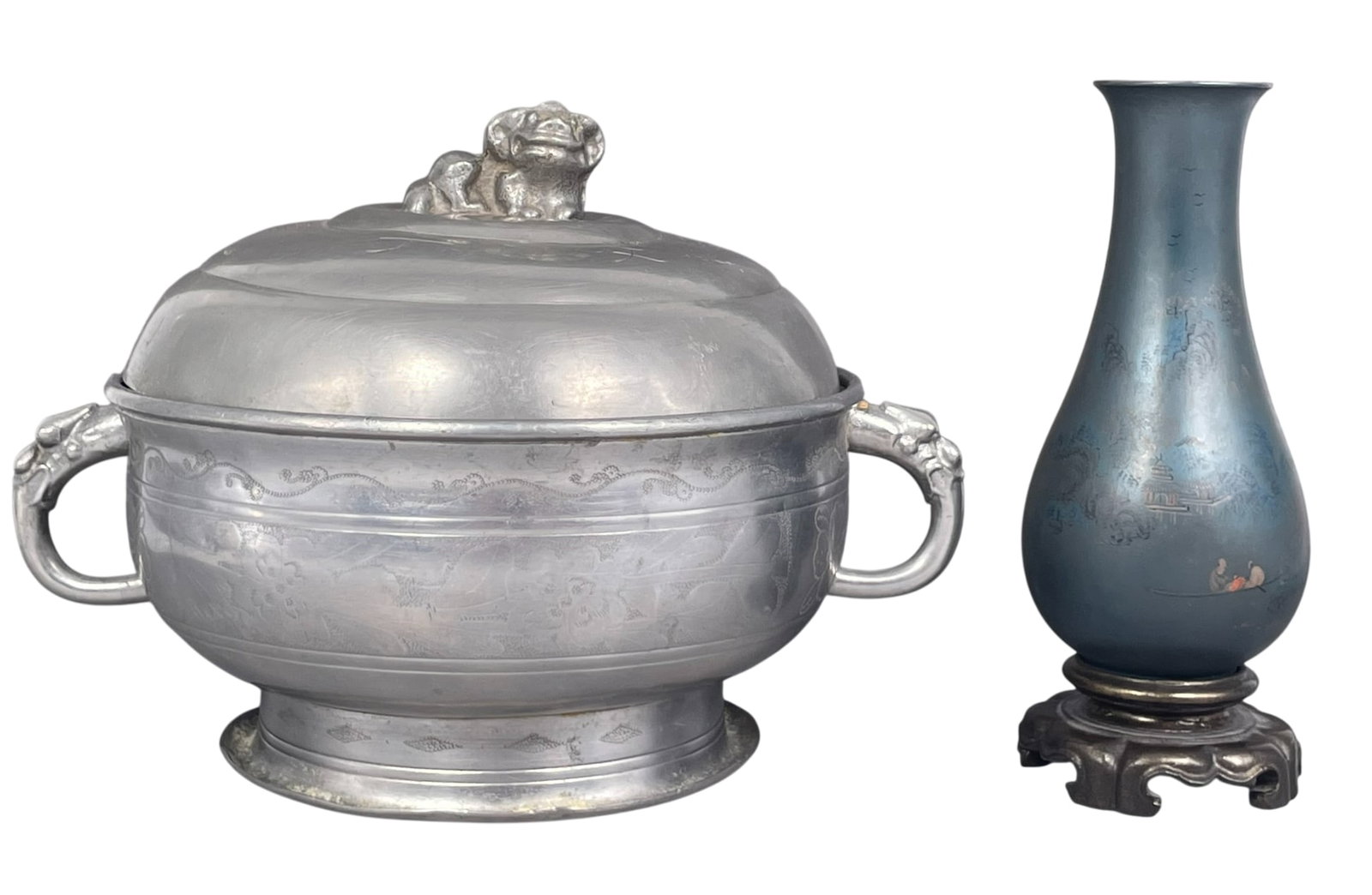 A Chinese Small Painted Lacquer Vase and a Pewter Bowl and Cover: The painted vase is mounted on a stand, measures 6.3/8 in. high, 2.1/2 in. wide overall; mark's mark to both cover and underside of the bowl, 6 in. high, 8.3/4 in. wide.