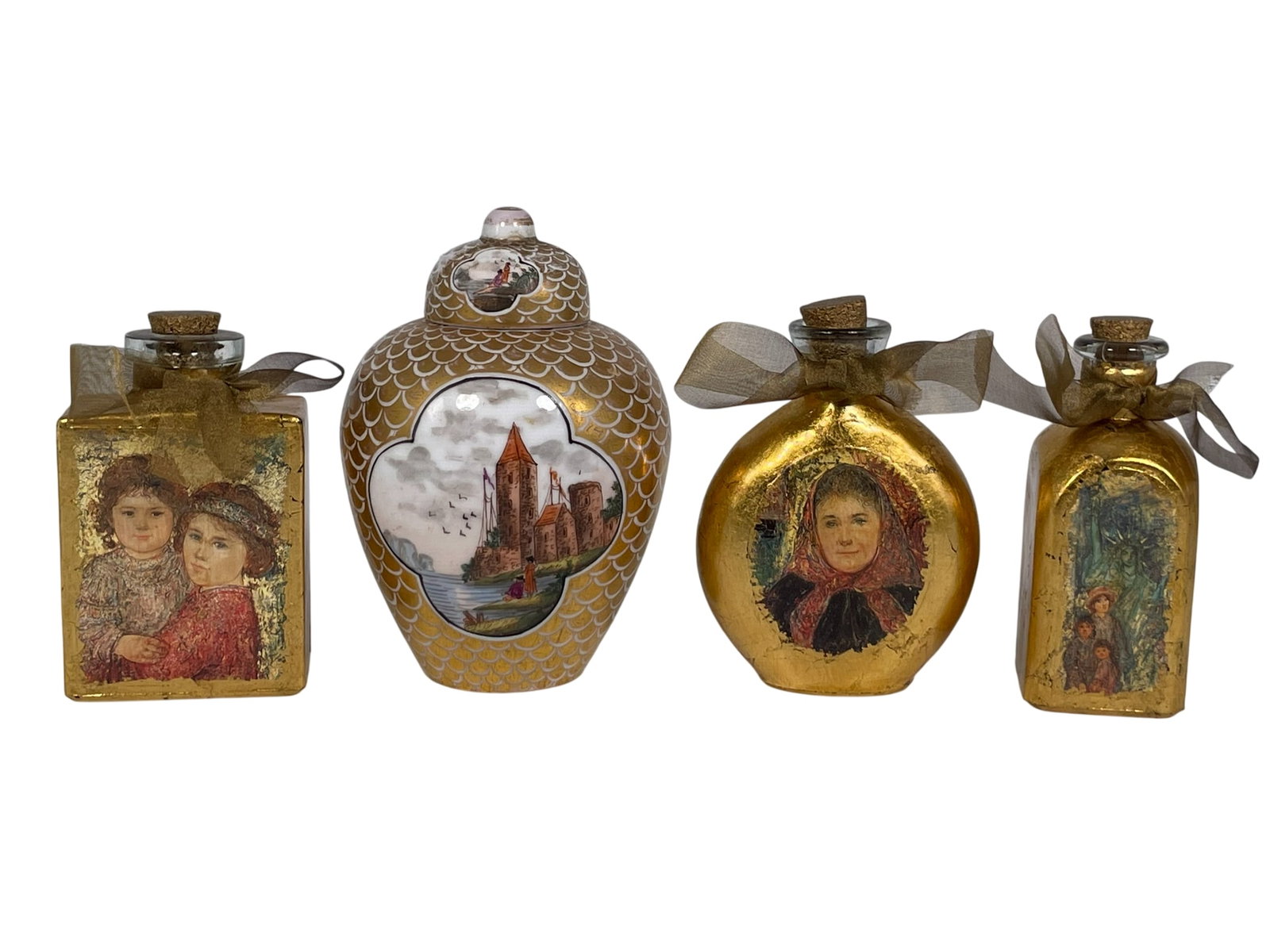 A Group of Four Porcelain/Glassware: Comprising a German Dresden porcelain jarlet and cover, 5.3/4 in. high, 4 in. wide; and three glass bottles with gold-colored finish, with the tallest measures 5 in. high, 3.1/2 in. wide.