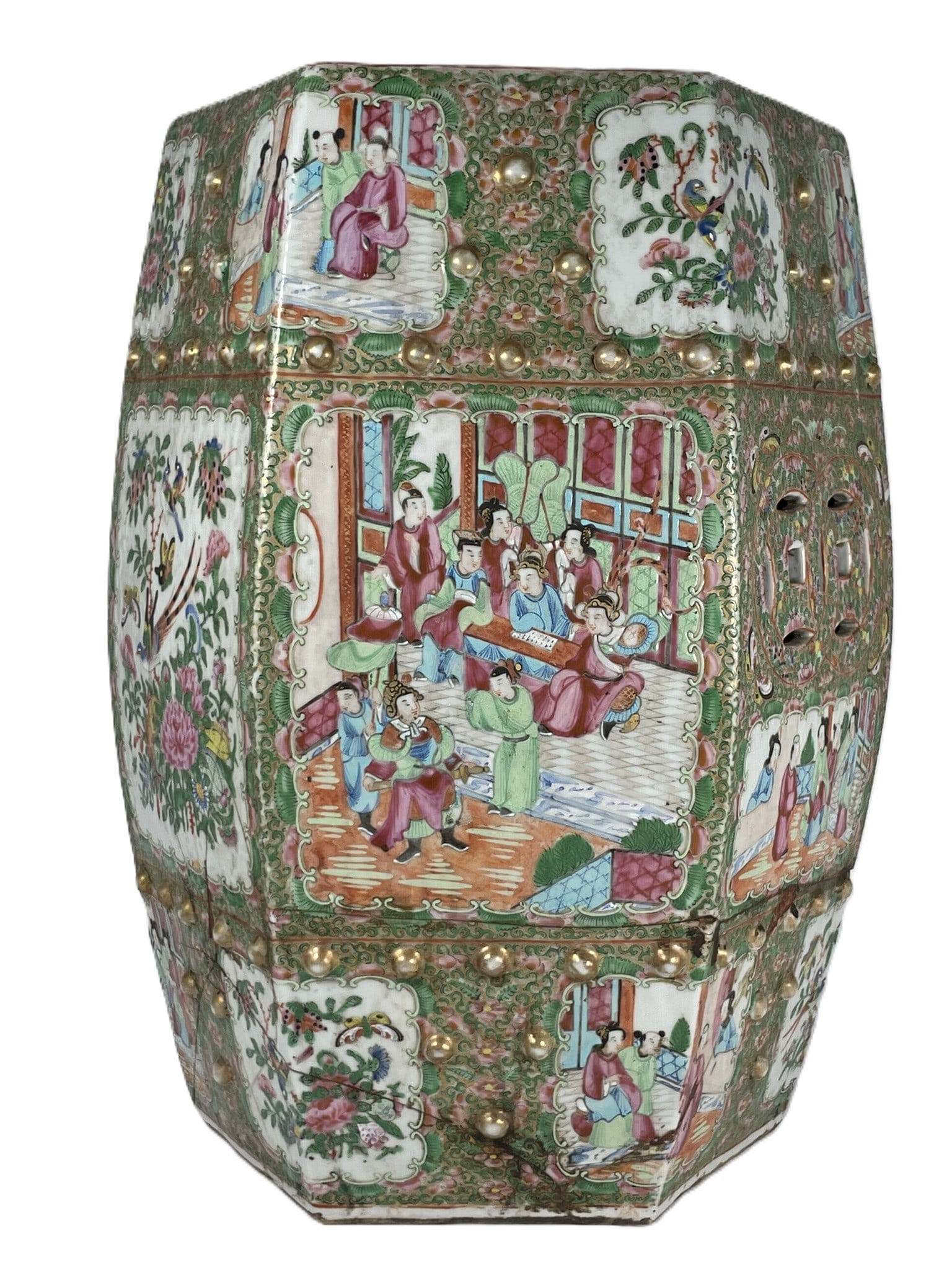 A Chinese Famille Rose Gilt-Decorated 'Medallion' Porcelain Garden Stool: 18.1/2 in. high, 14 in. wide.