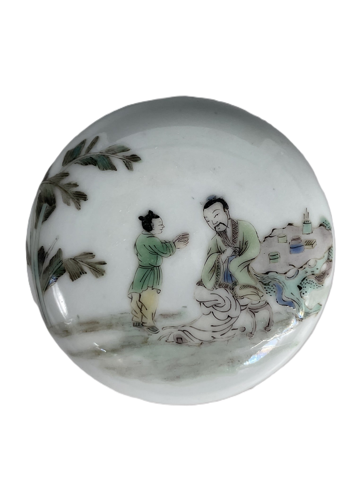 A Chinese Famille Rose 'Scholar and Attendant' Porcelain Seal Paste Box and Cover, Rui Di Tui Si (1 of 8)