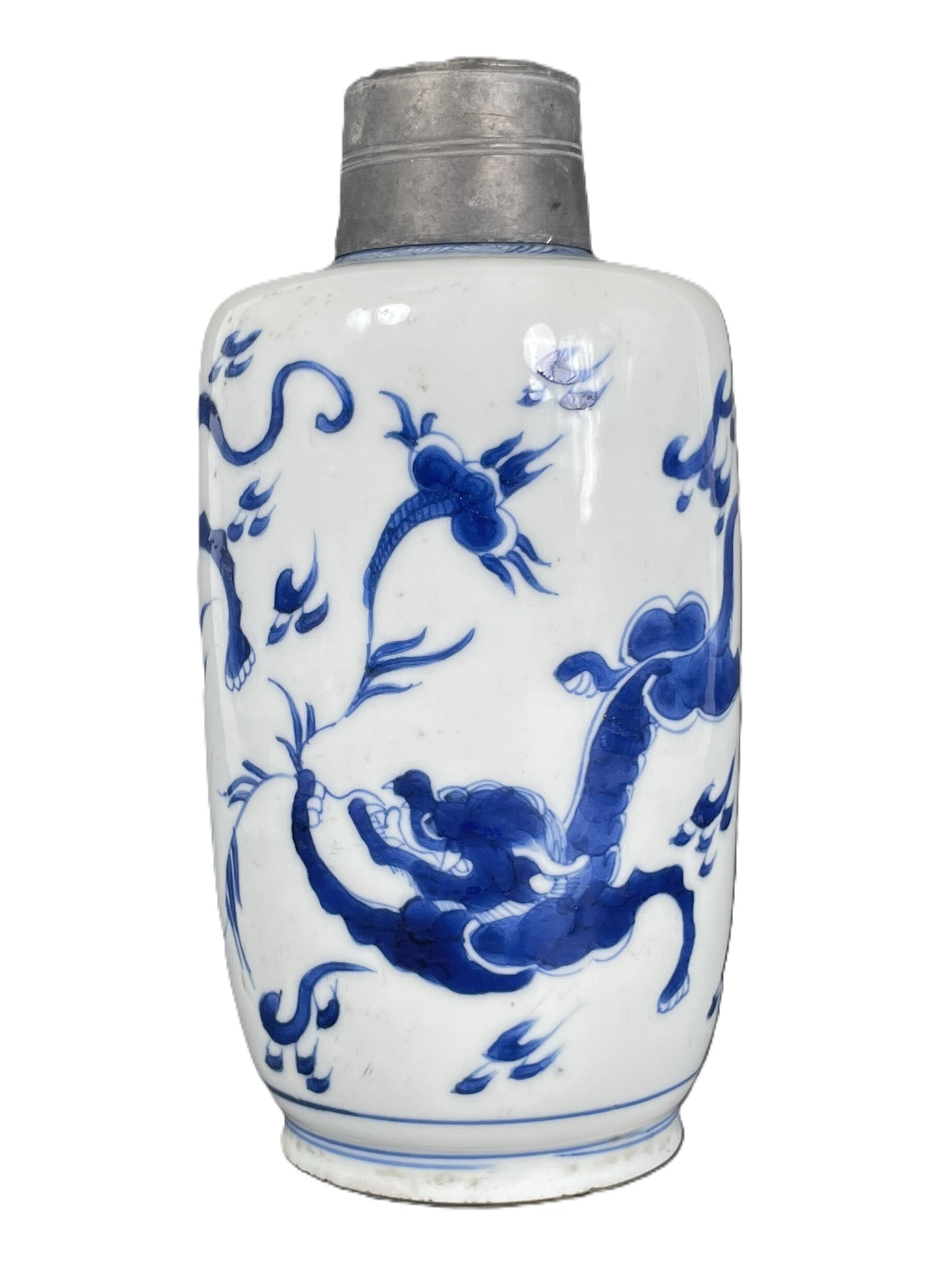 A Chinese Blue and White 'Dragon' Porcelain Vase and Pewter Cover, Kangxi Period, Qing Dynasty: 7.1/8 in. high, 3.1/4 in. wide.