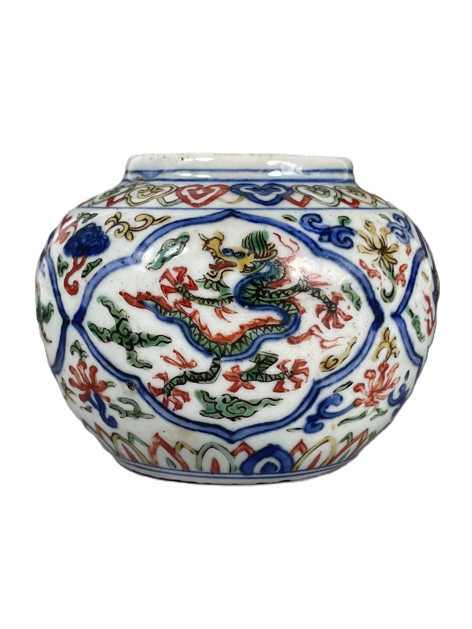 A Chinese Wucai 'Dragon' Porcelain Jarlet, Xuande Period, Ming Dynasty: 3 in. high, 3.3/4 in. wide.