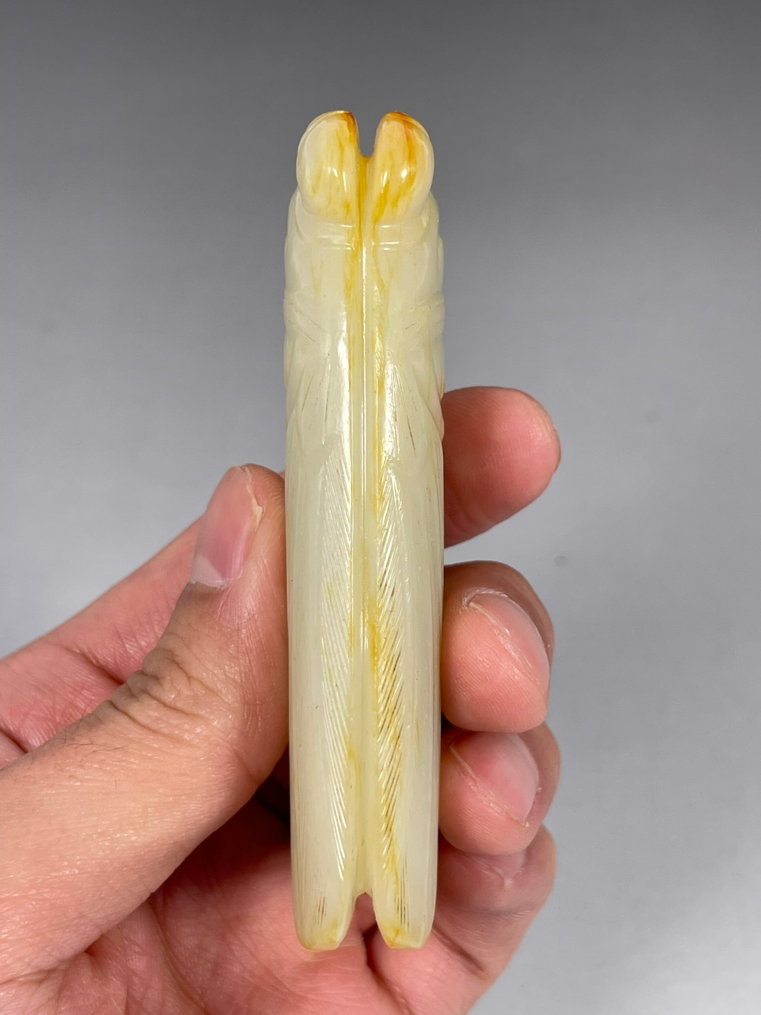 A Chinese White and Russet Jade Carving of Cicada - 4