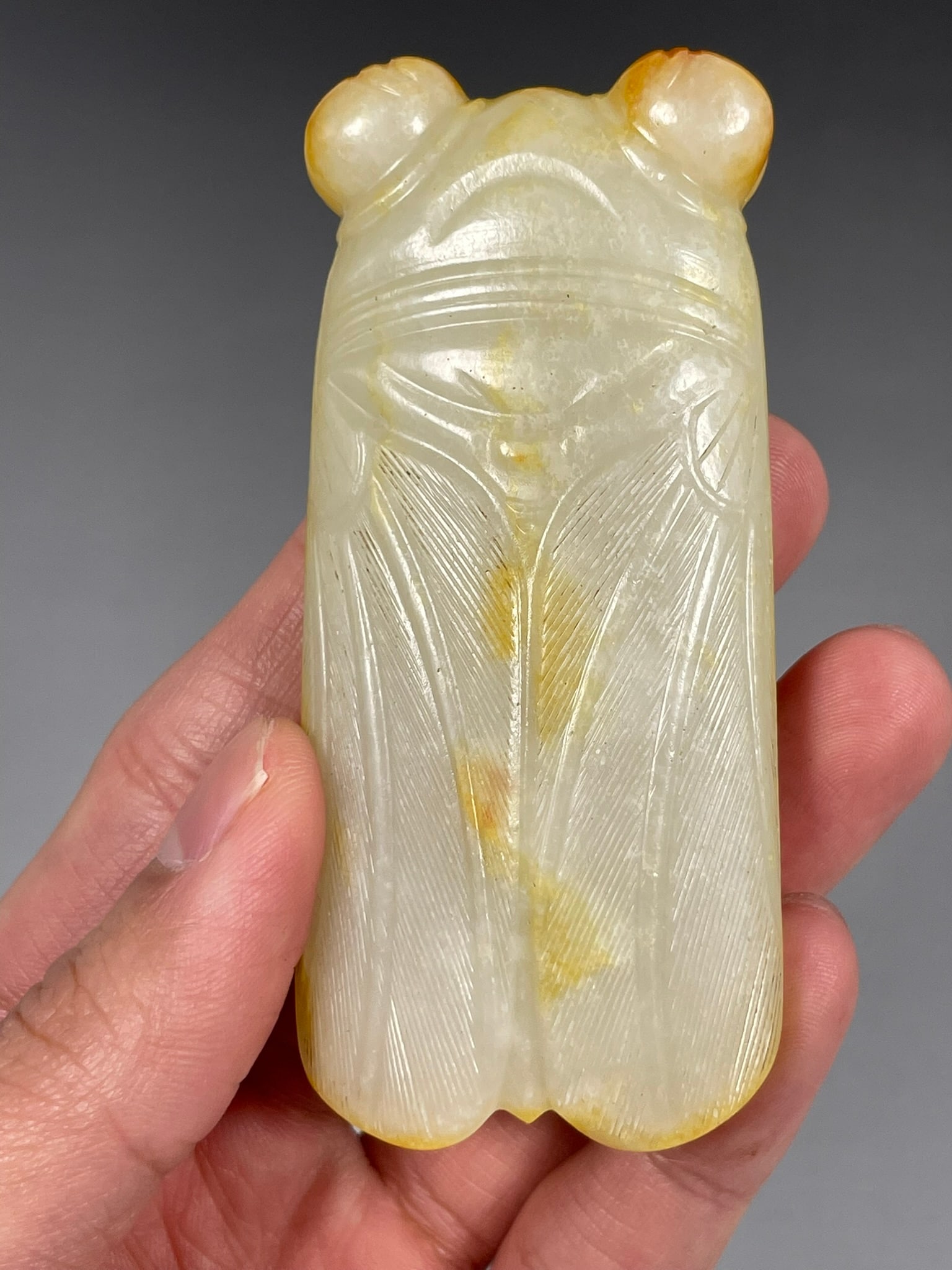 A Chinese White and Russet Jade Carving of Cicada - 7